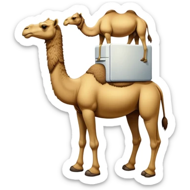 An appliance hybrid with a refrigerator body, a long-necked camel head emerging from the top, and four camel legs with hooves wearing yellow-brown Timberland boots sticker