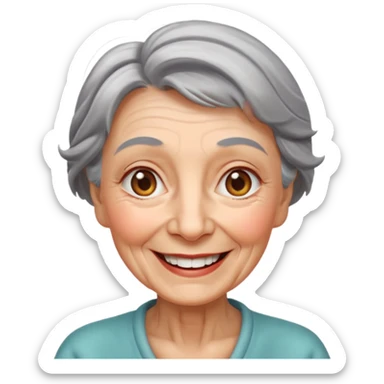 emoji of a smiling elderly woman with wrinkles, gray or silver hair, kind expression, Apple emoji style sticker