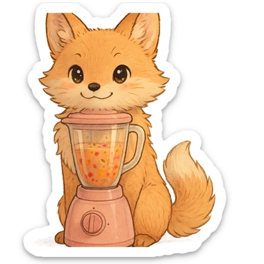 high-quality Ghibli-style soft fluffy fox as a blender with transparent body containing vibrant fruity smoothie, pastel pink, sparkling eyes, sweet smile, full-body pose, highly detailed sticker