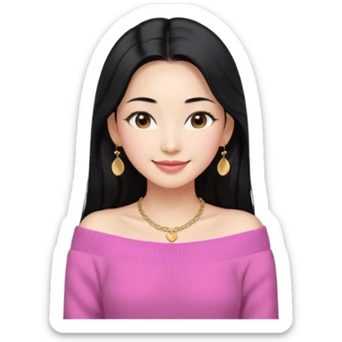 South Korean girl in her mid-thirties with long black hair with a middle part. She is wearing a pink, off the shoulder long sleeve knit sweater, extra small gold earrings and a gold necklace. She has brown eyes with narrow, mono lid shape and smiling with lips together sticker