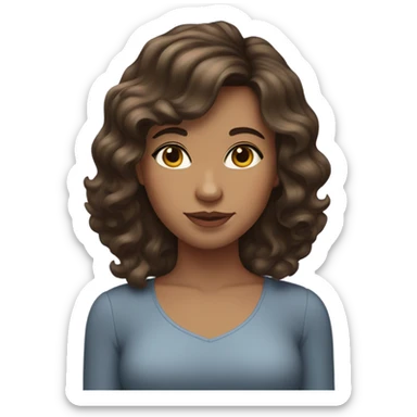brunette girl with wavy hair and side bangs with a female desing sticker