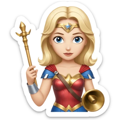 Blonde blue eyed Wonder Woman holding white orchestra conductor’s baton and bell sticker