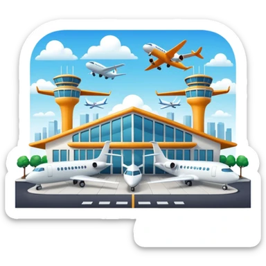 A 3D cartoon airport terminal building with glass windows and airplanes nearby, clean lighting, Memoji-style rendering. sticker