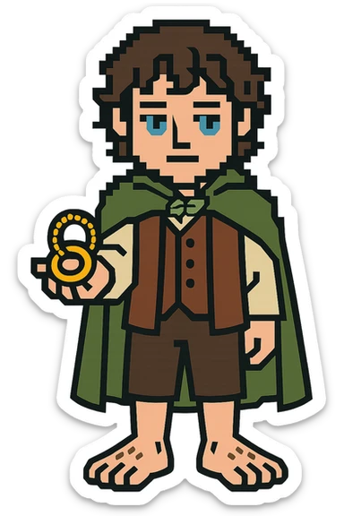Whole body image of Frodo Baggins from the lord of the rings movie in pixel art style. Make Frodo look like the actor that portrayed him in the movie, Elijah Wood, blue eyes and dark curly hair. Frodo is wearing the same green elven cloak with the leaf buckle, brown vest, cream undershirt, dark brown leather short pants, and hairy hobbit feet. He is holding the one ring in the palm of his outstretched hand. the ring is golden yellow and a golden link chain necklace is strung through it. sticker