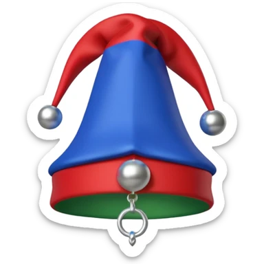 A 3D cartoon jester hat in red, blue, and green with bells, simple light background, Memoji-style rendering. sticker