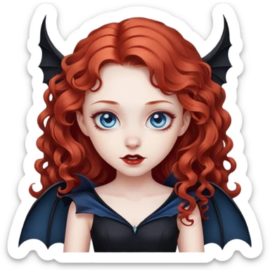 vampire girl with long curly red hair and blue eyes, in a black with bat wings sticker