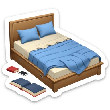 messy bed with a wrinkled blanket, the pillow out of place on the floor. Around the bed, scattered items include a t-shirt, pants, and an open book on the floor. sticker
