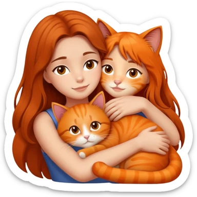 girl with long hair hugging an orange cat sticker