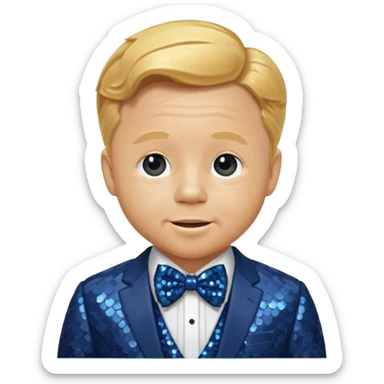 Mickey Rooney with golden blonde hair, dark blue sequin suit with bow tie sticker