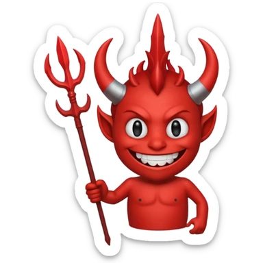 A red demon smiley face holding a trident sticker