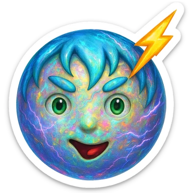Make the Uranus emoji more eccentric with an opal-like iridescent texture. Add wild, electric, chaotic energy and a playful, unconventional face. Keep the background transparent. sticker