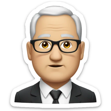 Chubby man of about 60 years of age with a bald shin. Small round glasses and dark eyes. Grey hair and a double chin. Chubby pointed nose. Wearing a black suit with waistcoat and tie. sticker