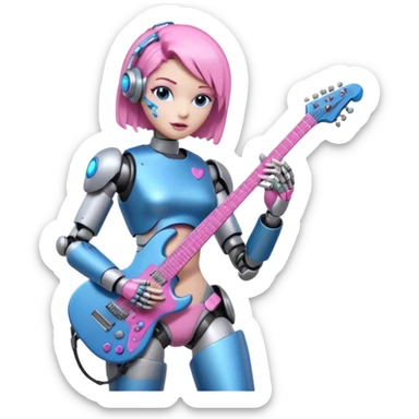 a cyper robot carry her note and electric guitar and try to change the world with pink and bluecolor sticker