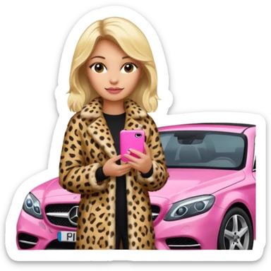 a blondie queen Arina in a leopard fur and pink iPhone on her mercedes sticker