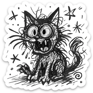 chaotic hand-drawn black outline icon of a cat with wild, exaggerated features sticker