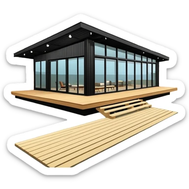 midcentury modern house with 1000 sqft and all windows and a sliding windows on corner. Single story. High ceilings, black and vertical wood slats for outside walls of home. Wood deck with complementary but different wood and shade from larger wood slats. With overhanging shade and slats. sticker