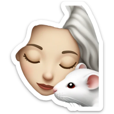 white brunette sleeping woman cuddling with one tiny white rat with red eyes sticker