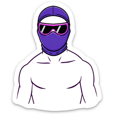 shirtless athletic man with white skin, wearing a purple balaclava face mask and purple sunglasses with black tinted lenses sticker