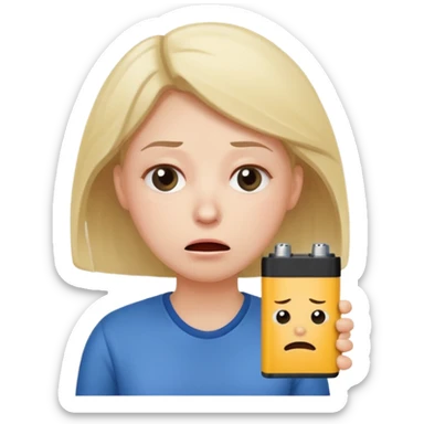A kindergardenteacher with an empty battery icon above their head an exhausted and stressed face sticker