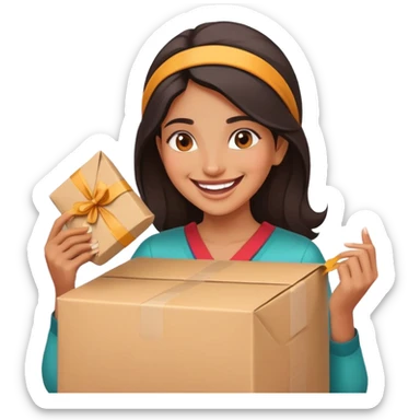 indian woman excitedly opening online purchase sticker