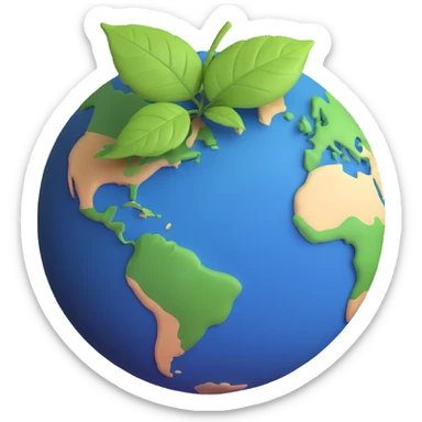 A single green leaf resting gently on top of a vibrant, round Earth globe. The focus is on the leaf and the globe with a simple background and soft natural lighting sticker