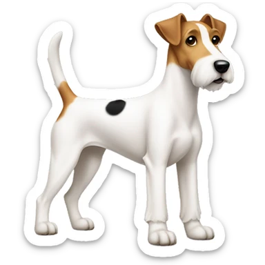 a dog with a black-brown muzzle, completely white paws and body, and a small black spot on the left side of the body, the name of the breed is that fox terrier sticker