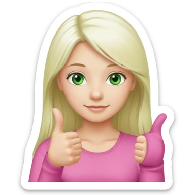 Long platinum blonde hair girl with green eyes in  pink top showing a thumbs up  sticker