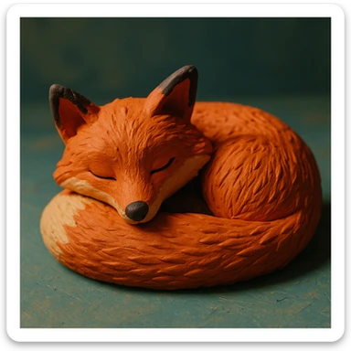 fox curled up sleeping, soft lighting, vibrant colors, detailed fur, claymation style sticker