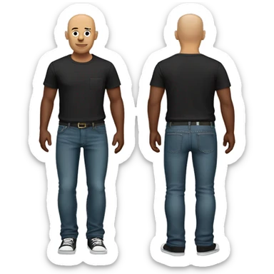 Standing bald man with a black and wine t-shirt with a pocket and a jeans pants sticker