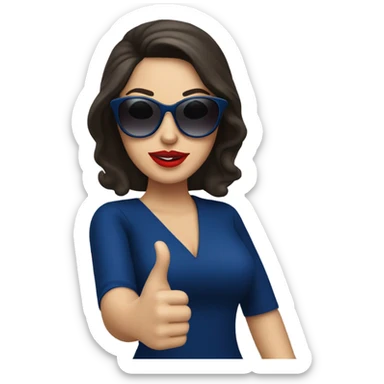 
brunette in dark blue sunglasses, with red lips and in a dark blue dress shows a thumbs up sticker