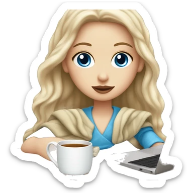 White Girl with blue eyes drinking tea with blanket on a macbook sticker