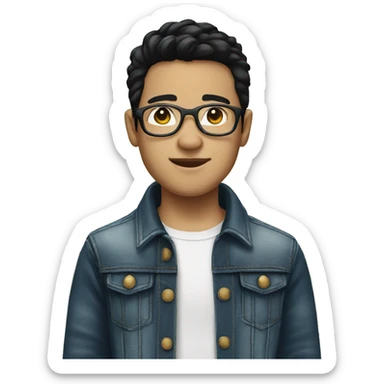 boy with glasess, black hair, white skin, use jeans jacket sticker