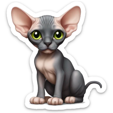 The Sphynx cat is sitting, she has not bright green eyes and black ear pads. there is black fur on her nose sticker