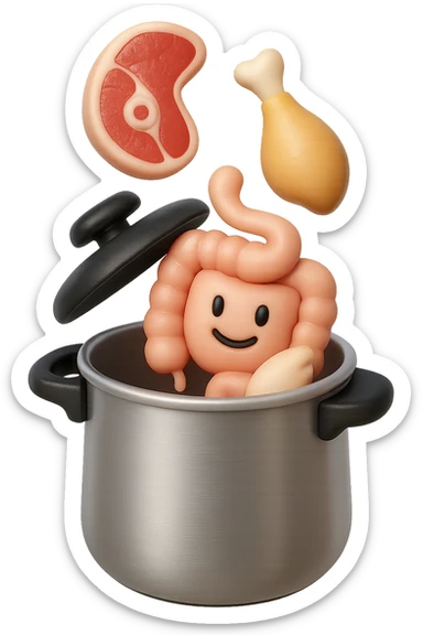 emoji stile iphone in 3d di una pentola a pressione dentro cui cadono agnello, pollo, tacchino crudi e un intestino umano felice da cuocere, iperrealistico 4k sticker