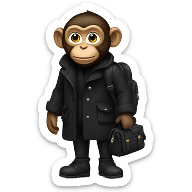 Monkey wearing black wool coat black ugg boots black backpack sticker