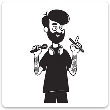 pop musician with stylish short beard, sleeve tattoos, headphones around neck, enthusiastic smile, gripping microphone with left hand and pencil with right hand sticker
