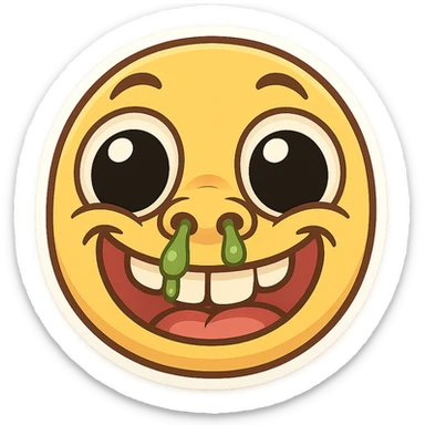 silly emoji-style face with oversized eyes, large nostrils with green boogers, wide grin with prominent buck teeth sticker