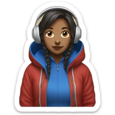 Lo-fi girl studing headphones, blue jacket, red hoodie sticker