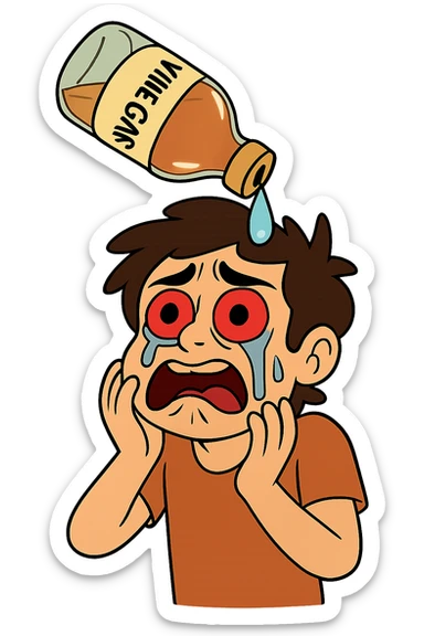 A cartoon style illustration showing a vinegar bottle above a person, with a drop of vinegar falling into their wide, red eyes with tears streaming down. The image has no background and is vivid and expressive in a cartoon style, emphasizing the vinegar bottle, the falling drop, and the teary eyes. sticker
