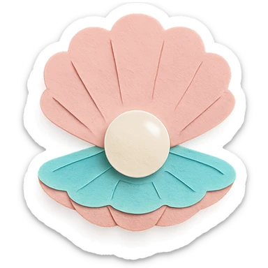 illustration of a clam shell open with a shiny pearl inside, soft pastel colors, paper-craft style sticker