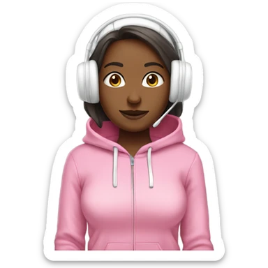 Girl wearing a pink hoddie with white headset sticker