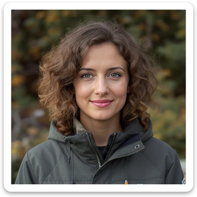 curly haired woman with shoulder length brown hair, realistic style, high detail, natural lighting sticker