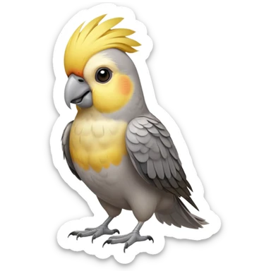cinematic-[cockatiel]-realistic-full-body-sitting-emoji,-head-tilted-dramatically,-grey and yellow feathers,-simplified-yet-realistic-focused-features,-highly-detailed,-glowing-with-an-almost-sarcastic-glow sticker