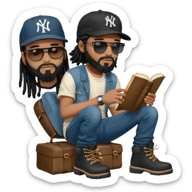 African American man with shoulder length black dreadlocks with black beard wearing black sunglasses with a black New York Yankees logo baseball cap wearing denim skinny jeans and Timberland boots reading a Bible sticker