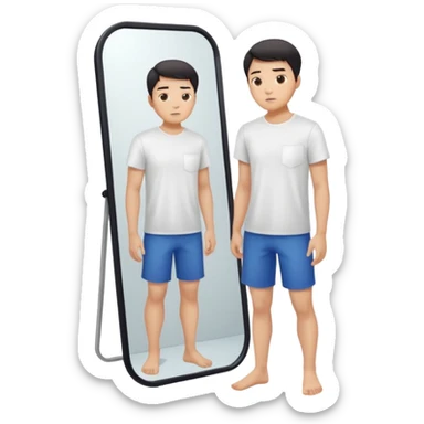 A young Asian guy is sadly examining his body in a full-length mirror. sticker