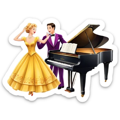 A vintage movie poster-style design featuring musical notes, a shining spotlight, and performers in glamorous costumes. Include elements like a dancing couple, a grand piano, and colorful stage lights. Retro cinematic flair with a lively and joyful atmosphere. Transparent background. sticker