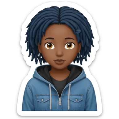 make a black girl with short black locs wearing a denim hoodie with black sleeves sticker