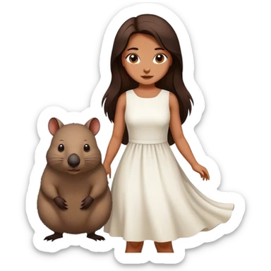 Beautiful woman in 1950’s woman fashion look, white dress, long dark brown hair, wombat sticker