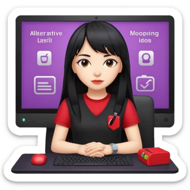 lilac girl with long hair and bangs worker and acessories with a pc worten the clothes black like an alternative bue the shirt in red with worten on the right side very small sticker