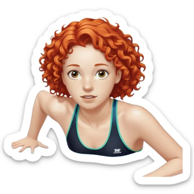 thin 18-year-old white female athlete swimmer with curly red hair about to enter a pool sticker